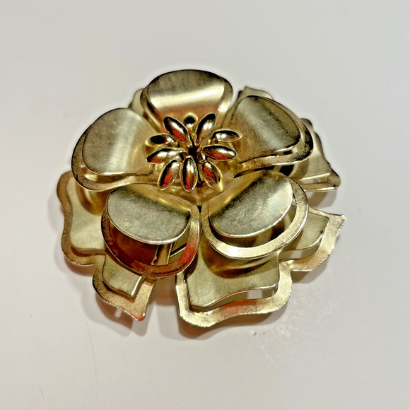 Vintage Large Gold Tone 2 1/2 " Costume Floral Rose Peony Brooch Pin - Picture 2 of 6